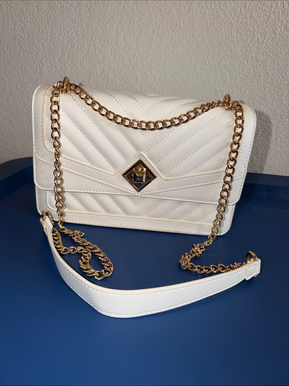 White Quilted Chain Shoulder Bag with Gold Hardware
